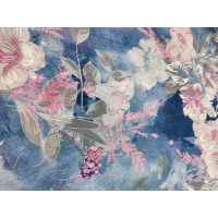 Niebieska elastyczna dzianina Jersey - białe i różowe kwiaty